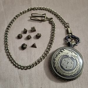 Mini DND silver gamer keychain dice set, 6mm set of 7 in pocket watch case